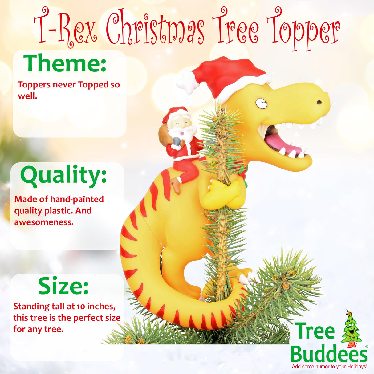 Tree Buddees Santa Riding a T-Rex Funny Christmas Tree Topper - Large 10" Tree Buddees