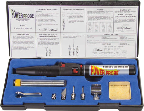 POWER PROBE Butane Soldering Kit (PPSK) [Automotive Diagnostic Car Test Tool, Easy Start Electronic Ignition, Adjustable Flame, with Multiple Tips, Black Power Probe