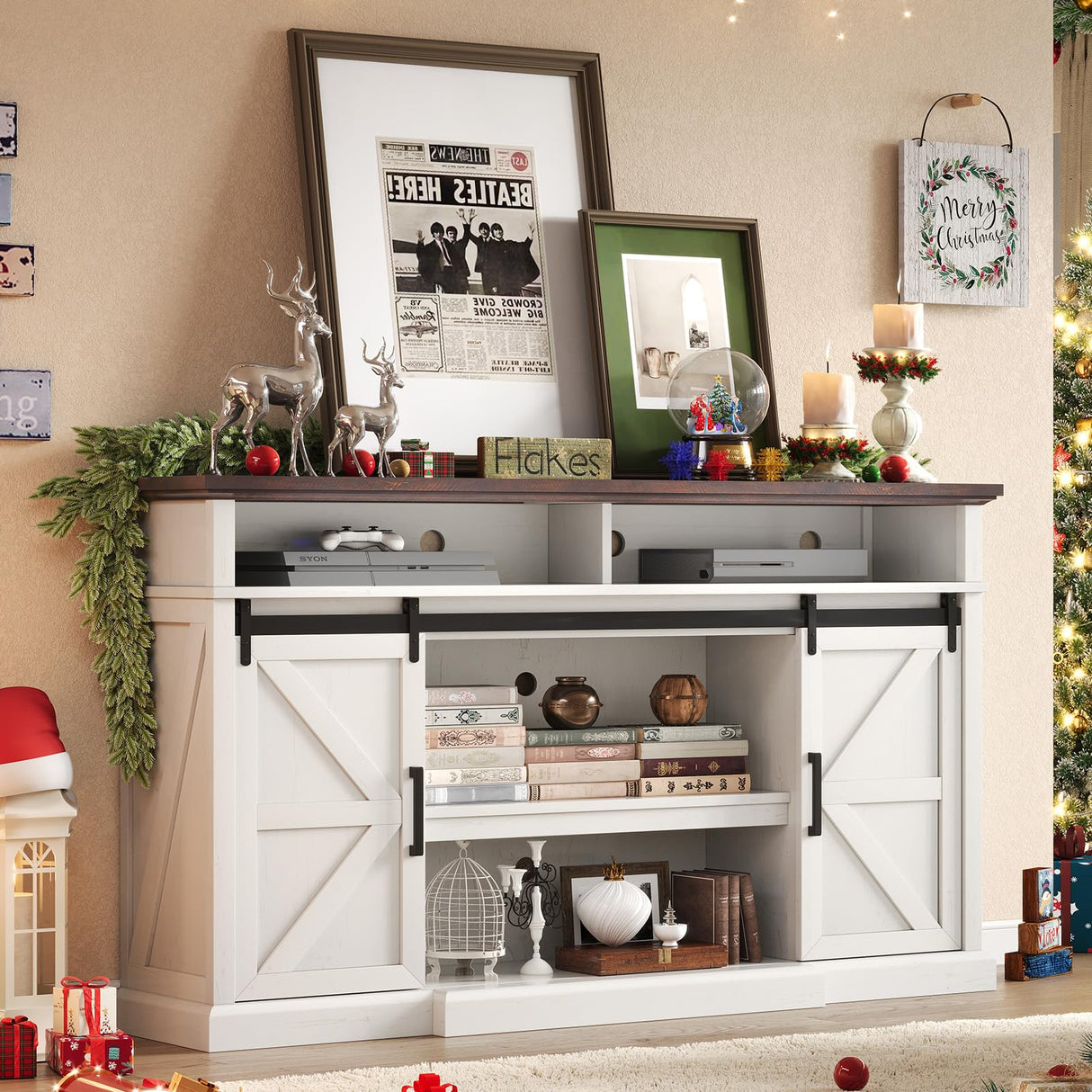 LUXOAK 66" Farmhouse TV Stand for 75 Inch TVs, 40" Tall Entertainment Centere with Sliding Barn Doors, Rustic Media Console Table Storage Cabinet with Adjustable Shelves, Living Room, Antique White LUXOAK
