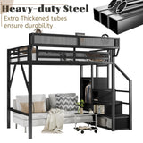 Mirightone Full Size Loft Bed with Stairs and Storage, Metal Loft Bed Frame with Bedside Shelf and Large Under-Bed Space, Heavy-Duty Loft Beds for Adults Teens and Kids, Black Mirightone