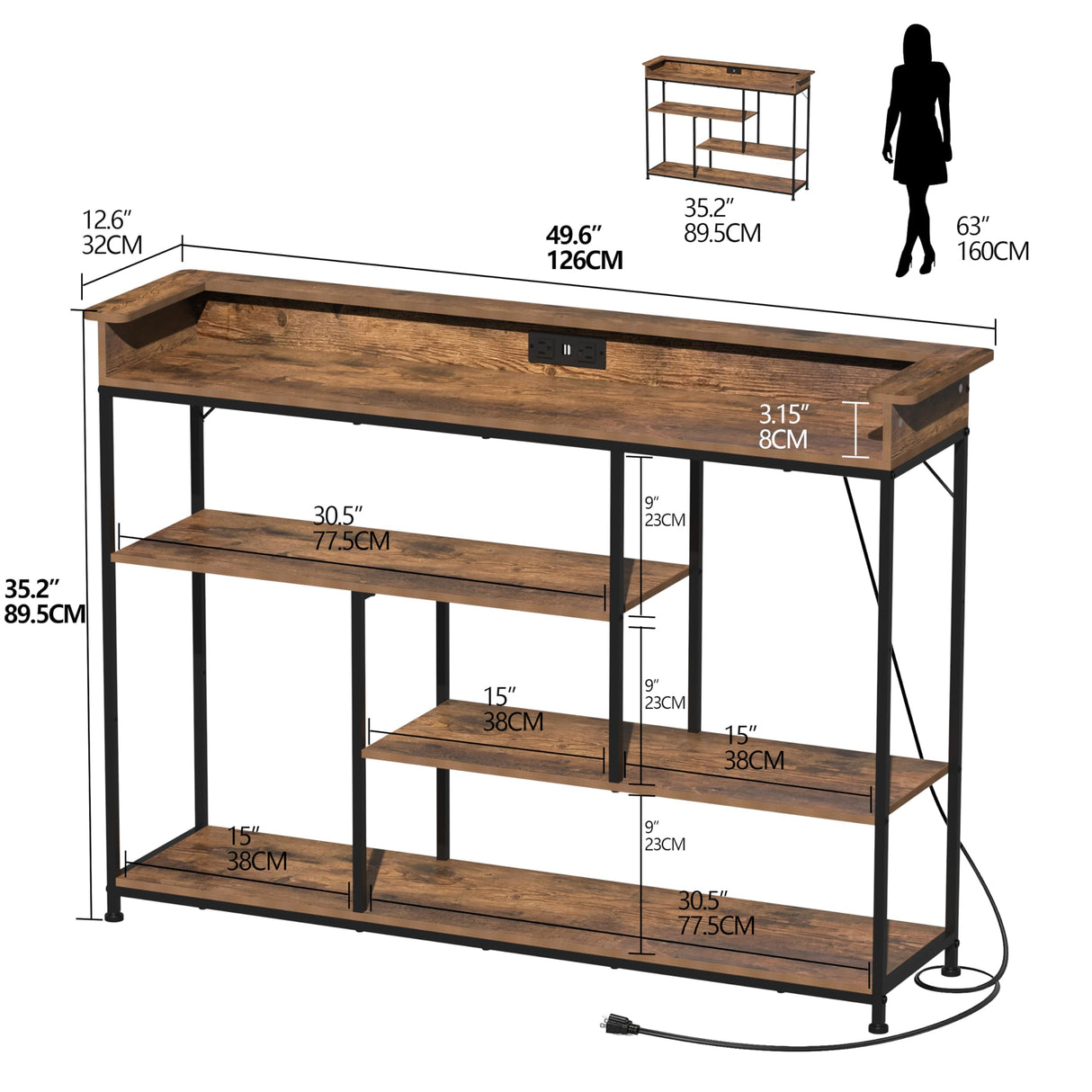 Welfuturer Console Table with Outlets and USB Ports 4Tier Sofa Table with LED Light and Open Shelves Industrial Entryway Hallway Side Table for Living Room Foyer Couch Hallway Rustic Brown Welfuturer