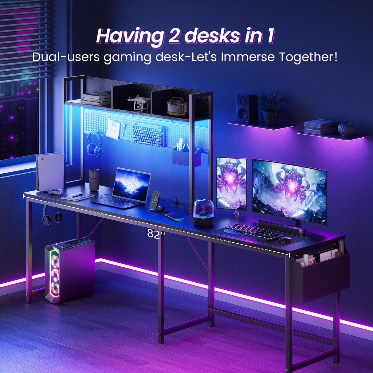 DOMICON Gaming Desk Computer Desk with Storage, L Shaped Desk with Power Outlet & LED Strip, Office Desk with Pegboard, Corner deck for Home Office Black DOMICON