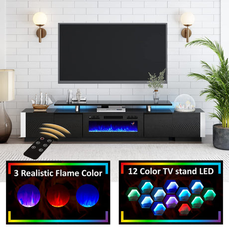 AMERLIFE 110" Large Fireplace TV Stand Set with 36" Electric Fireplace, Includes 70" 2-Tier Fireplace TV Stand, 2 x End Tables, Modern High Gloss TV Console with LED Light for Living Room, Black AMERLIFE