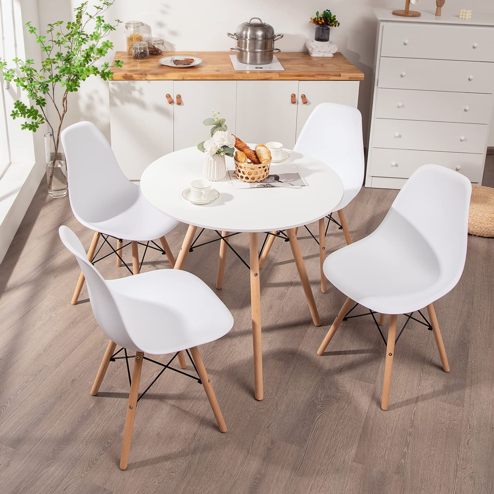 Giantex 5-Piece Dining Table Set, Modern Round 31.5" D Dining Table & 4 DSW Chairs W/Solid Wood Legs, Home Furniture Set for Small Spaces Dining Room Kitchen Restaurant, White - WoodArtSupply