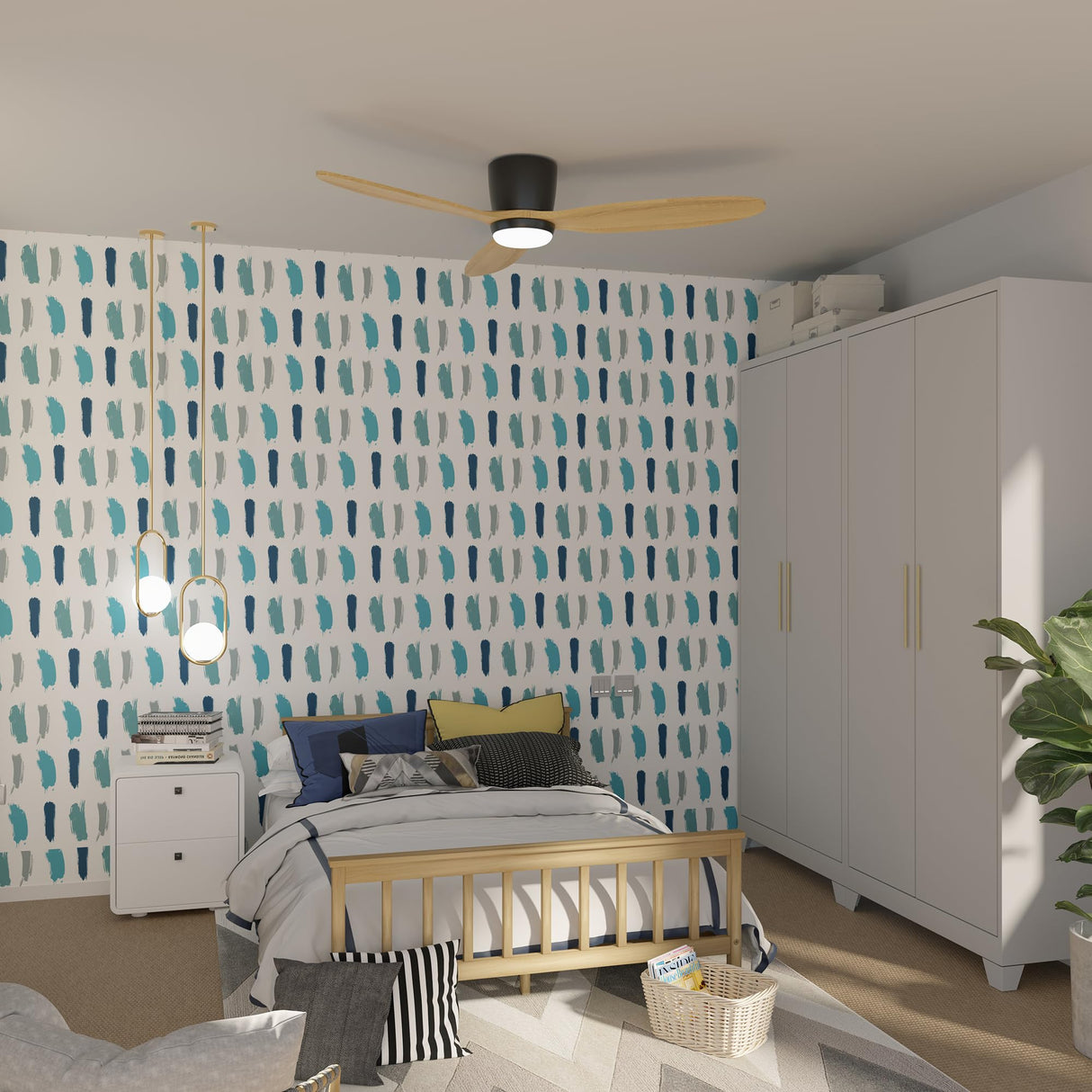 OUATER Flush Mount Ceiling Fan with Light, 52 inch Low Profile Ceiling Fans with Remote for Outdoor/Patios, 3 Color Light, 6 Speed, DC Motor, Wood and Modern Matte Black OUATER