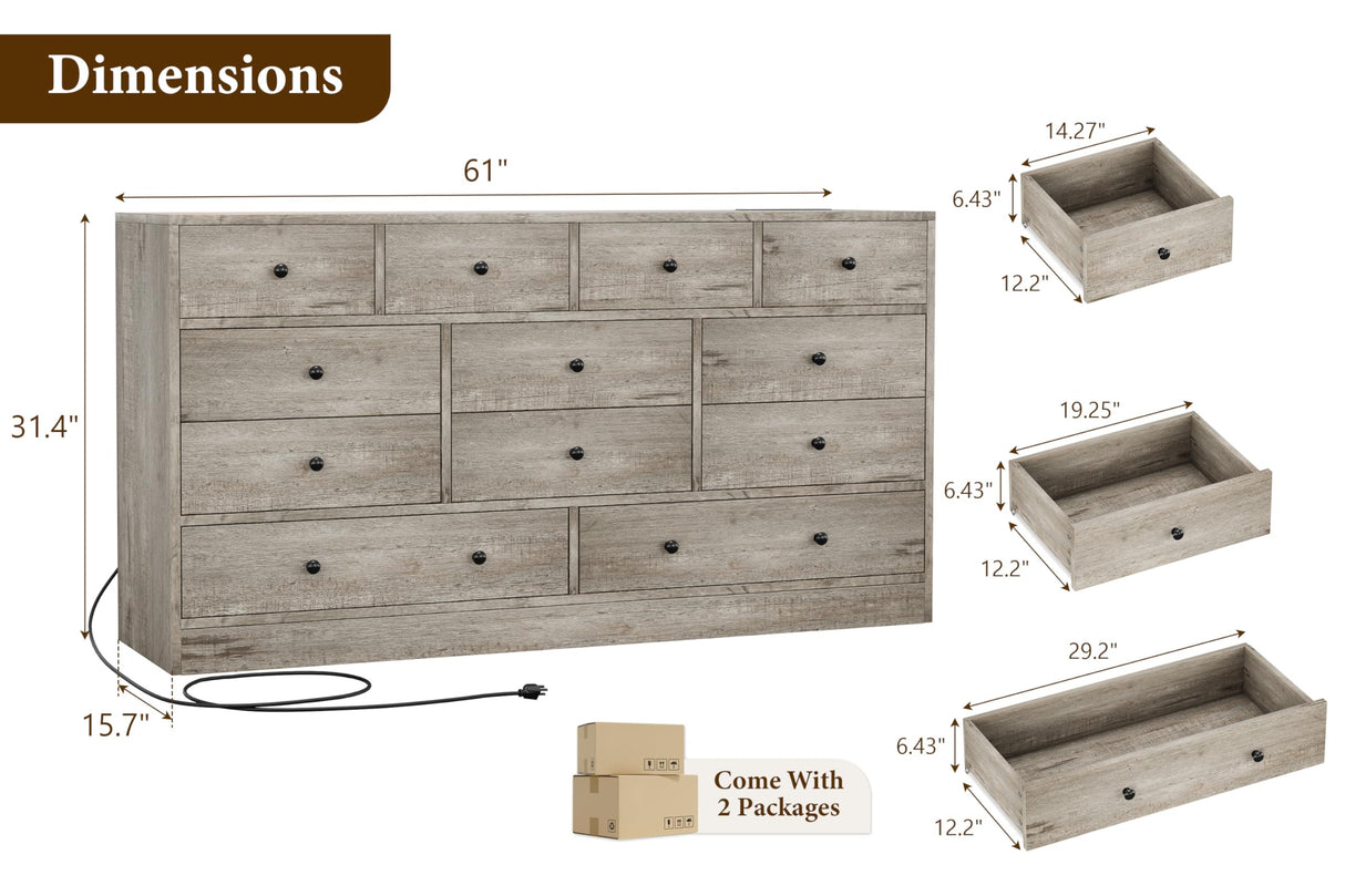 GarveeHome 12 Drawer Dresser for Bedroom, 61 Inch Wood Dresser with Power Outlet, Wide Chest of Drawers for Living Room, Hallway, Tall Dressers with Smooth Metal Rail, Large Storage, Antique Oak Garveehome