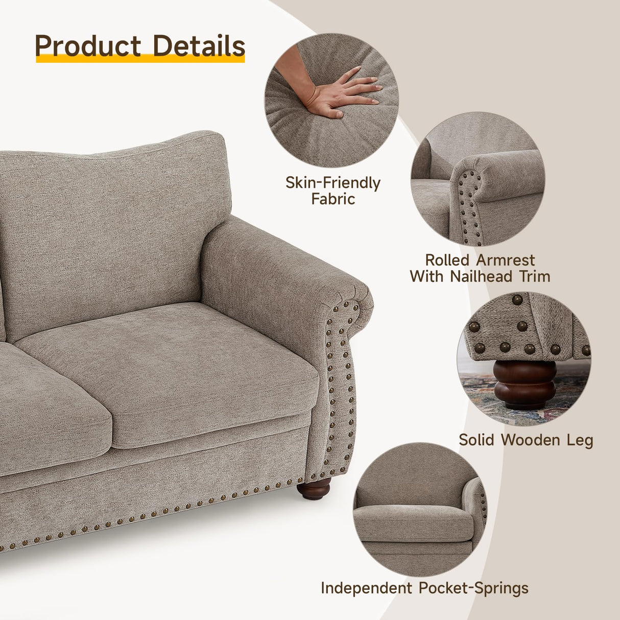 ONBRILL Nailhead Sofa, 66 Inch Small Couch with Rolled Arms, Chenille Fabric Loveseat w/Springs Seat Cushion, Vintage Curved Back, Turned Wood Legs, Comfy Couch for Living Room, Farmhouse, Beige ONBRILL