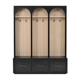 LUMISOL Farmhouse Entryway Hall Tree with Arched Design, 59" Entryway Bench with 3 Drawers, Entryway Coat Rack with 8 Retro Hooks, Rustic Hall Cabinet for Living Room Mudroom, Black LUMISOL