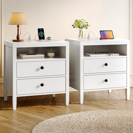 Huuger White Nightstand Set of 2, Night Stand with Charger Station, Bedside Table with 2 Drawers, Bed Side Tables for Bedroom, Modern Nightstands, Metal Knobs, Painted Surface Huuger