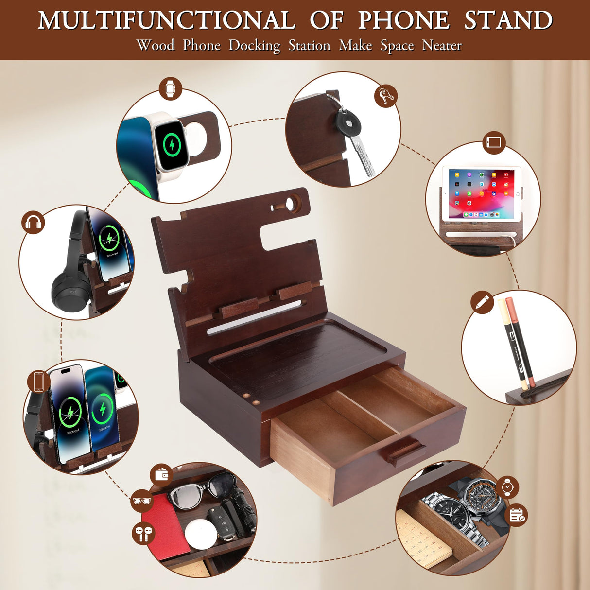 Gifts for Men Dad Women from Daughter Son Wife Wood Phone Docking Station with Drawer Nightstand Organizer for Men Dad Birthday Gifts for Him from Wife for Men Xgunion