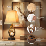 Scenekoy Rustic Farmhouse Antlers Bedside Table Lamp Set of 2 with Nightlight Dual USB Ports Leather Soft Bell Shade Brown Finish nightstand Lamp Decor for Living Room Bedroom Office House Hotel Scenekoy