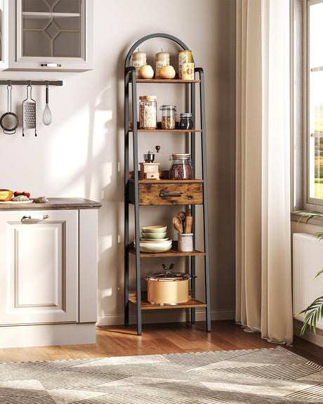 CHOEZON 5 Tier Ladder Shelf with Drawer, Tall Narrow Bookshelf with Storage, Industrial Ladder Bookshelf, Tall Corner Shelves for Living Room, Bedroom, Balcony, Rustic Brown and Black TCJ07BF CHOEZON