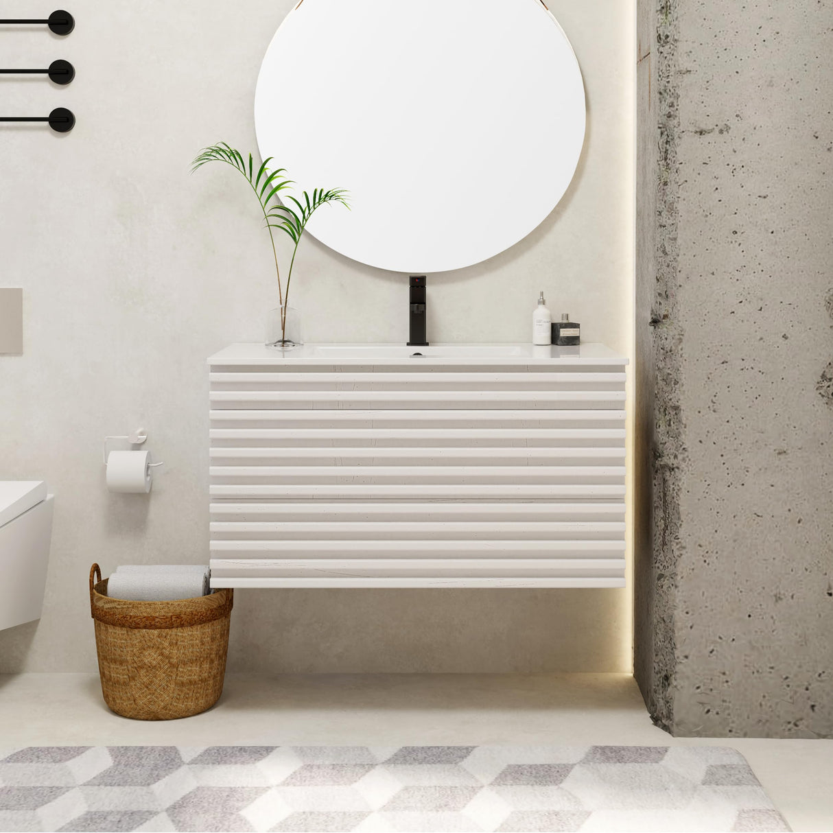 eclife 36" Floating Bathroom Vanity with Sink Combo Mid-Century Wall Mounted Cabinet with Wood Stripes Decor, Drawers, Undermount Sink, Faucet, Drain, Mixed White eclife