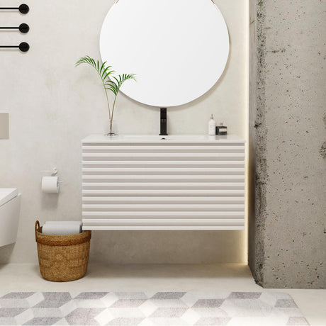 eclife 36" Floating Bathroom Vanity with Sink Combo Mid-Century Wall Mounted Cabinet with Wood Stripes Decor, Drawers, Undermount Sink, Faucet, Drain, Mixed White eclife