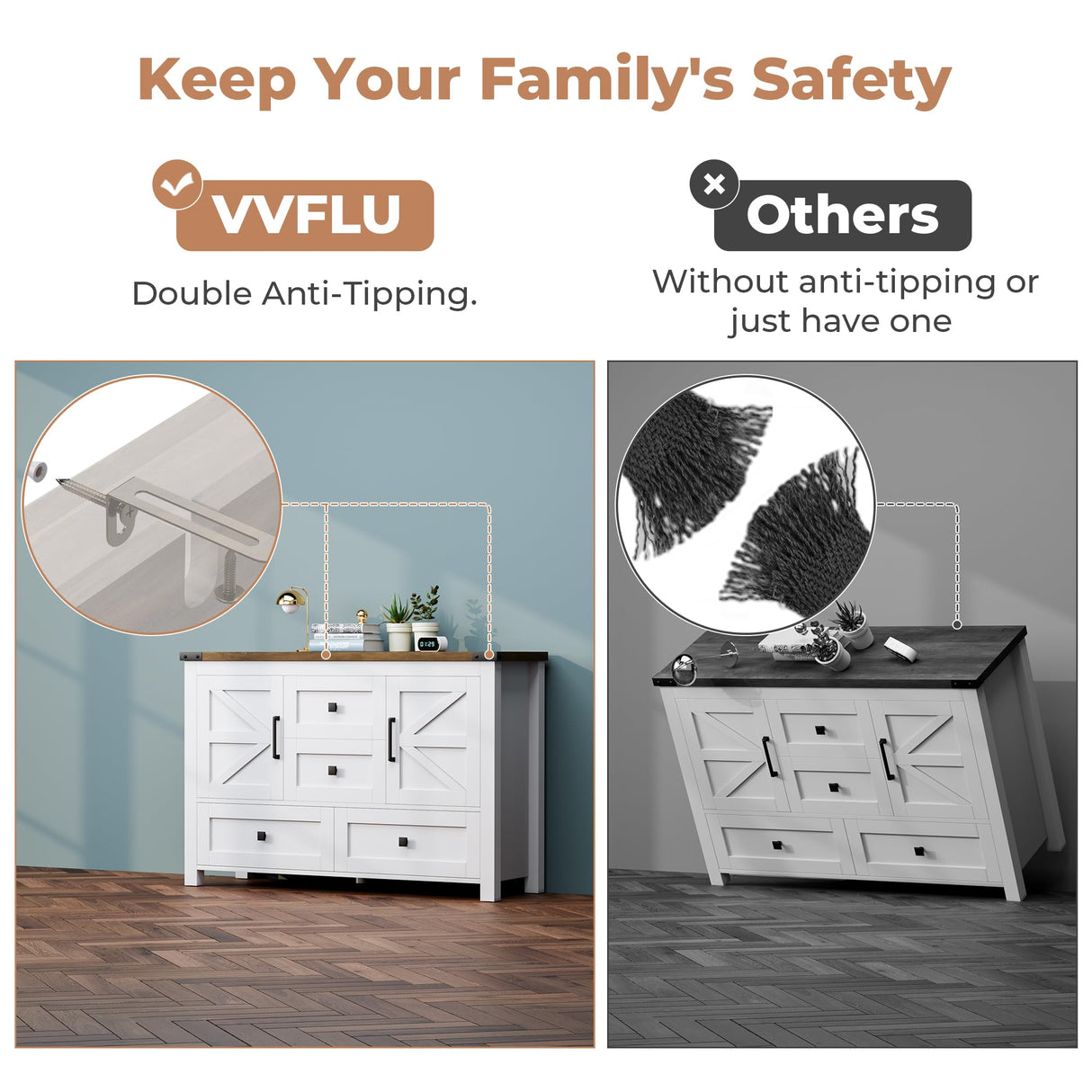 VVFLU Farmhouse White Dresser for Bedroom with 4 Drawers and 2 Barn Doors, White Wood Chest of Drawers 47 Inch Wide, Large, Long, Adjustable Shelves, 5 Legs, Living Dining Room, Entryway, Hallway VVFLU