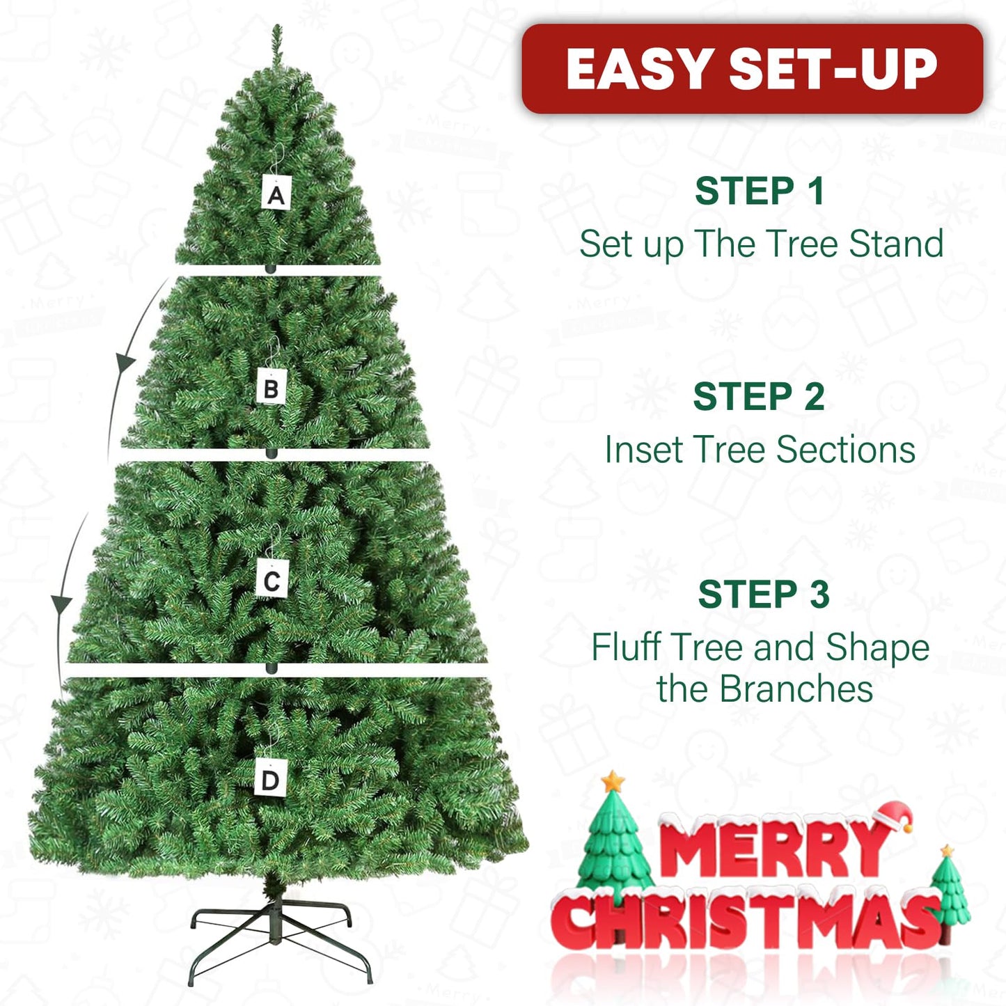 VIVATREES 9ft Prelit Christmas Tree with 600 Warm White LED Lights, Artificial Christmas Tree with 2100 PVC Branch Tips for Home, Party, Holiday, Metal Stand and Hinged Branches