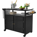 Xilingol Outdoor Bar Table, Wicker Bar Cart with Cabinet, Patio Serving Cart with Tempered Glass Top, Lockable Wheels, Rounded Handle & Side Basket for Garden, Poolside & Backyard, Black Xilingol