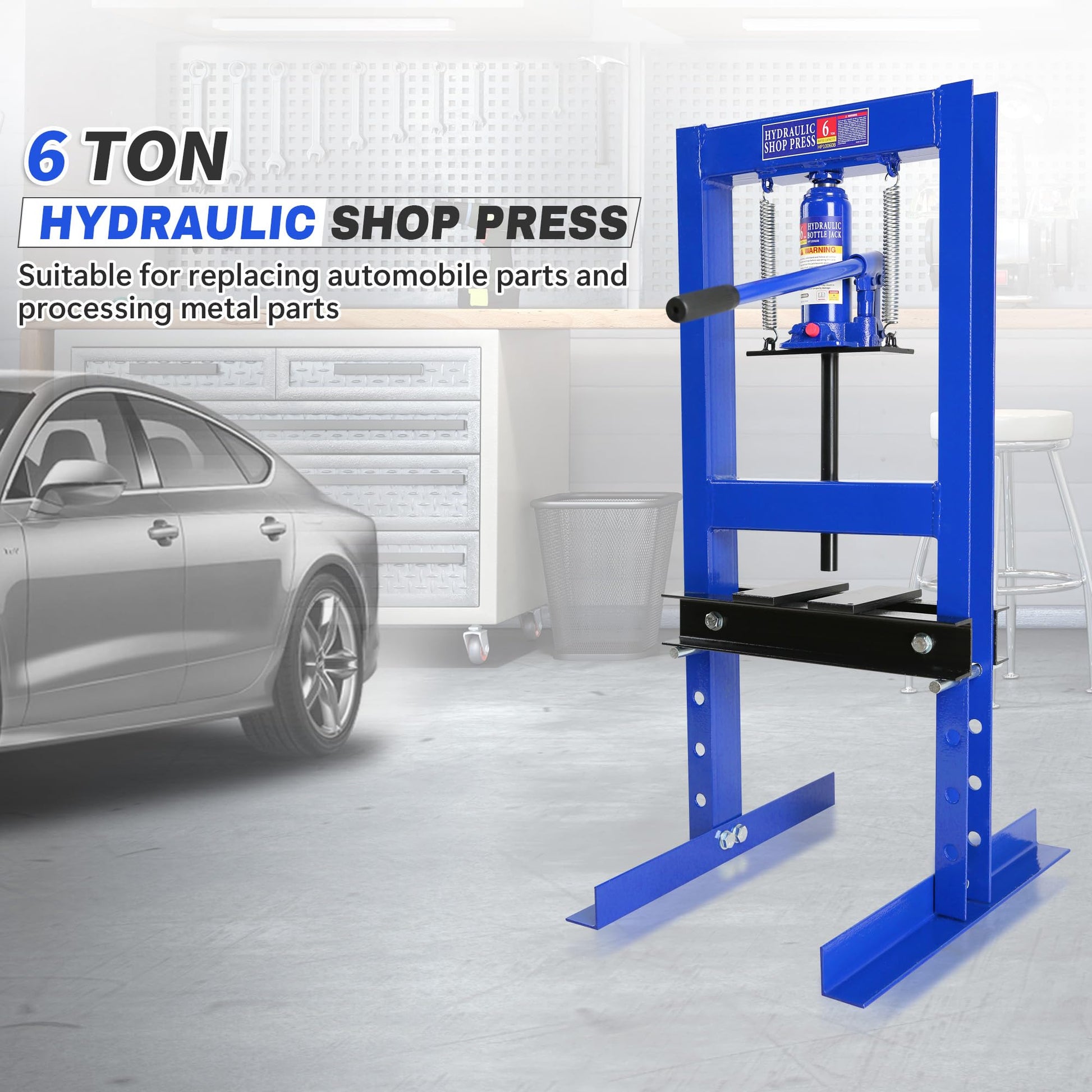 6 Ton Hydraulic Press, H-Frame Garage Floor Adjustable Shop Press with Stamping Plates to Bend, Straighten, Or Press Parts, Install Bearings & U-Joints - WoodArtSupply