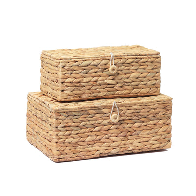 LUSYDECO Set of 2 Rectangular Wicker Storage Bins with Lid, Rattan Basket Decorative Boxes, Multipurpose Organizer Rattan Display Boxes for Shelf Organizer, Boho Rattan Box for Home Decoration