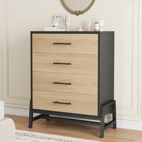 GarveeHome 4 Drawer Dresser for Bedroom, 38.6" Tall Chest of Drawers, Freestanding Wooden Storage Dresser with Deep Drawers and Chic Legs for Closet, Living Room, Entryway, Natural+Black GarveeHome