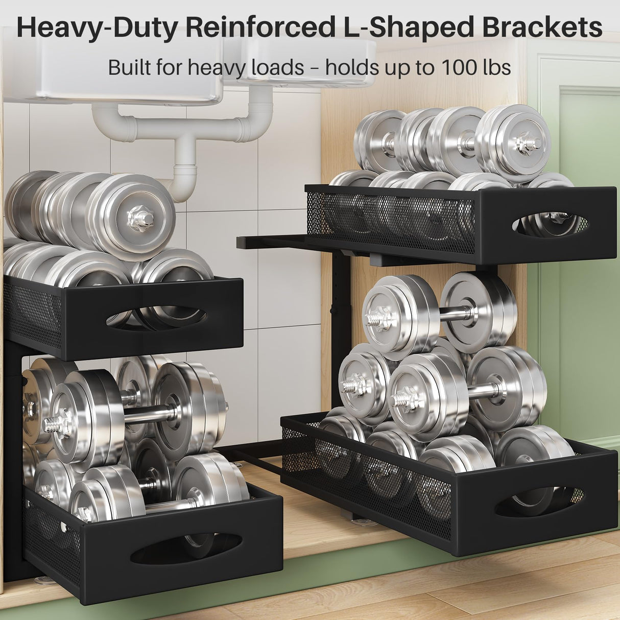 Under Sink Organizer, 2 Tier Pull out Cabinet Organizer Baskets with Mesh Sliding Drawers, Slide out Storage Shelf for Home, Kitchen, Bathroom, Pantry, Office Cabinet, Countertop(1 Pack) Kitstorack