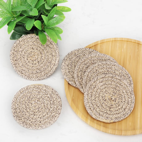 ABenkle 8 Pcs Drink Coasters with Holder, Cotton Woven Absorbent Coasters for Drinks, Minimalist Home Decor Coaster Set for Wooden Tabletop Protection Table, 4 inches Mixed Brown ABenkle