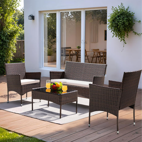 Greesum Patio Furniture 4 Pieces Conversation Sets Outdoor Wicker Rattan Chairs Garden Backyard Balcony Porch Poolside loveseat with Cushion and Glass Table, Brown and Beige Greesum