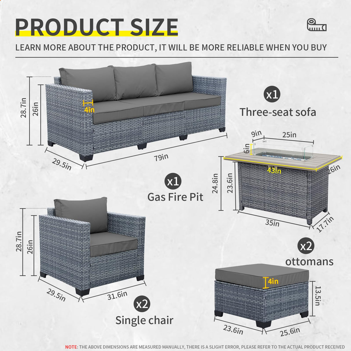Lviden 6 Pieces Wicker Patio Furniture Sets Outdoor Conversation Set PE Rattan Sectional Sofa Couch with 45" Fire Pit Table and Grey Cushions Lviden