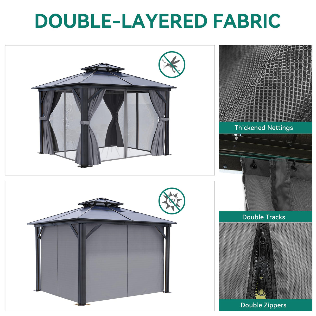 YITAHOME 10x10FT Gazebo Polycarbonate Hardtop Double Roof Canopy Outdoor with Netting and Shaded Curtains, Aluminum Frame Garden Tent for Patio, Backyard, Deck and Lawns, Grey YITAHOME