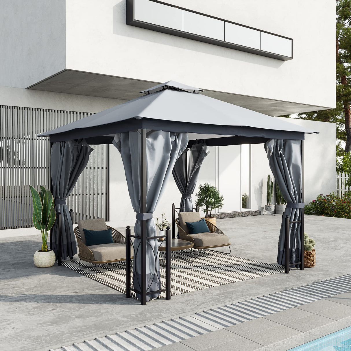 Outsunny 11' x 13' Patio Gazebo, Double Roof Outdoor Gazebo Canopy Shelter with Netting & Curtains, Steel Corner Columns for Garden, Lawn, Backyard and Deck, Gray Outsunny