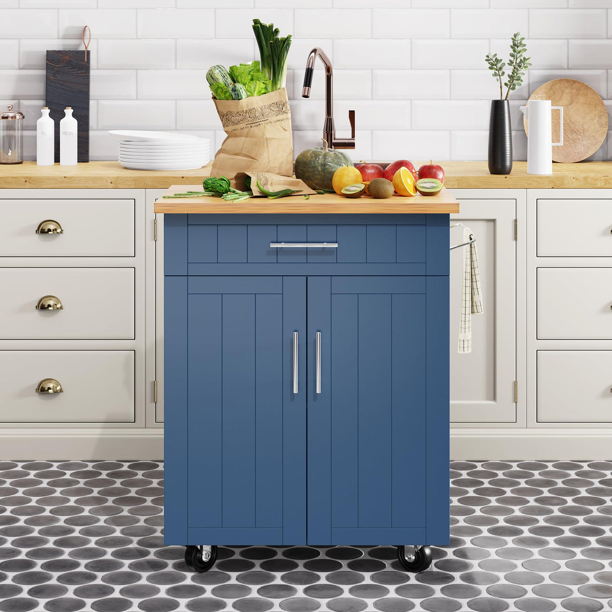 Shintenchi Kitchen Island Cart with Storage,Rolling Kitchen Island Side Table on Wheels with Large Worktop,Storage Cabinet,Towel Rack and Drawers for Kitchen,Dinning Room, Blue Shintenchi