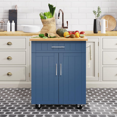 Shintenchi Kitchen Island Cart with Storage,Rolling Kitchen Island Side Table on Wheels with Large Worktop,Storage Cabinet,Towel Rack and Drawers for Kitchen,Dinning Room, Blue Shintenchi