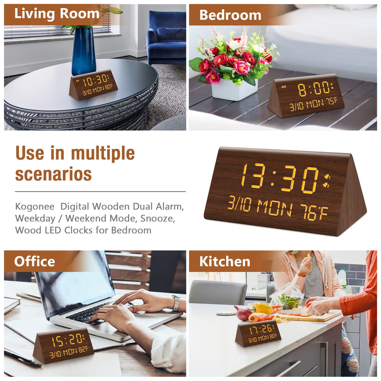 Kogonee Wooden Digital Alarm Clock, 0-100% Dimmer, 2 Alarm Settings, Weekday/Everyday Mode, 9 Mins Snooze, 12/24H, Temperature and Date Display for Office, Travel, Bedroom Alarm Clock (Brown) Kogonee