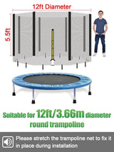 12ft Trampoline Net - Replacement Enclosure Safety Net for 8 Poles Round Frames Trampoline with Double Zipper and Protection Buckles Biggun