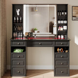 Wildhome Vanity Desk with Mirror and Lights, Glass Top Dressing Table with 9 Drawers, Makeup Vanity with Storage Bench, European Style Vanity, Adjustable Brightness Vanity for Bedroom(Black) Wildhome