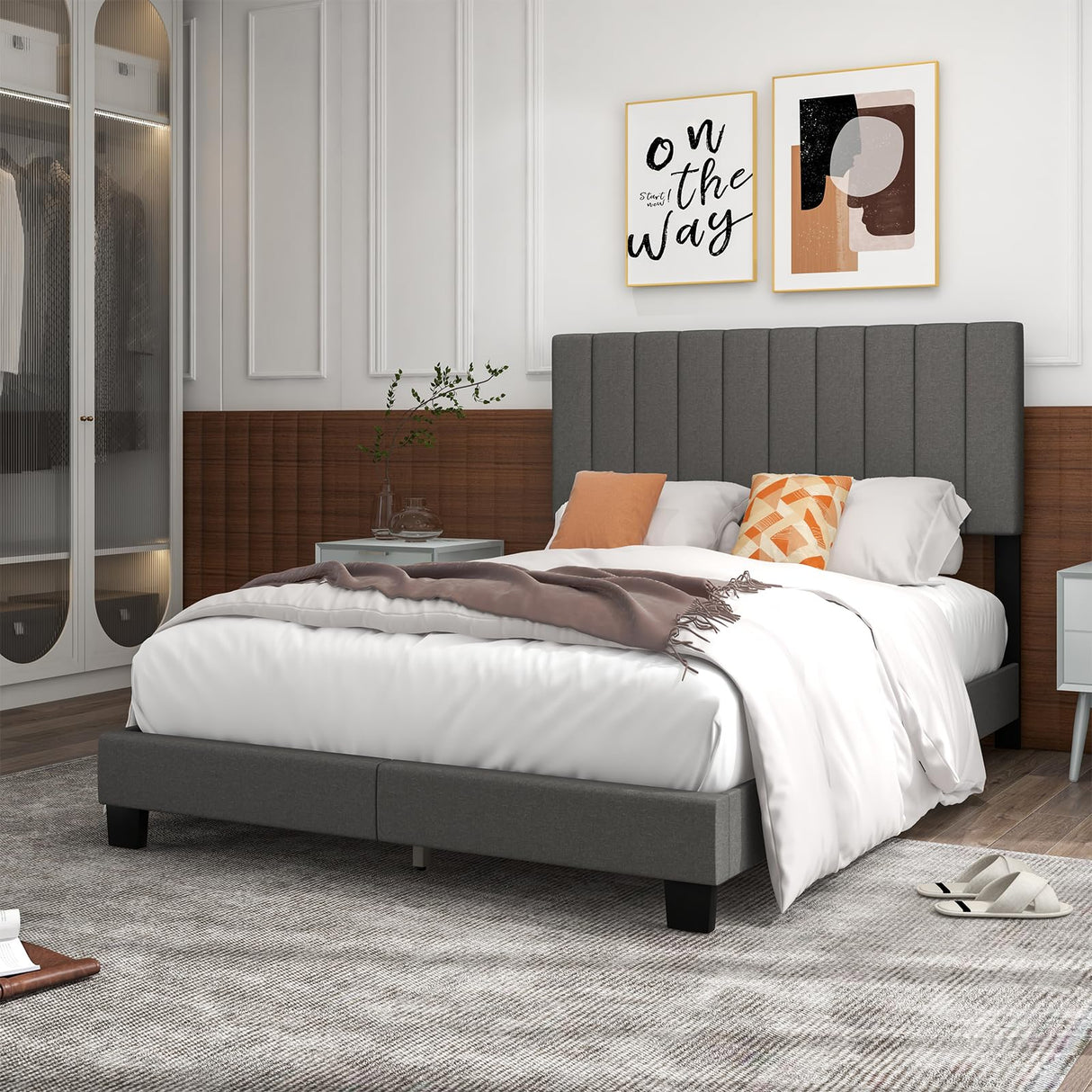 Giantex Modern Upholstered Queen Size Bed Frame with Linen Headboard and Solid Wood Legs Giantex