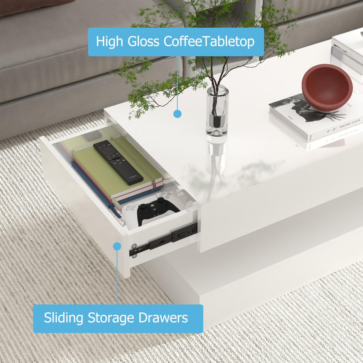 Uspeedy 47.3IN High Glossy LED Coffee Table,APP LED Lights,Black/White, Modern Furniture for Living Room (White) Uspeedy