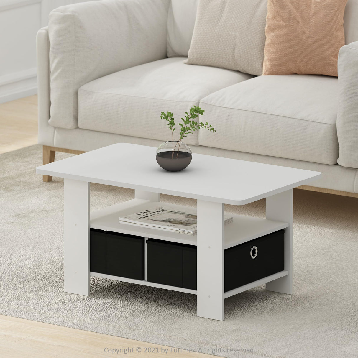Furinno Andrey Coffee Table with Bin Drawer, White/Black Furinno