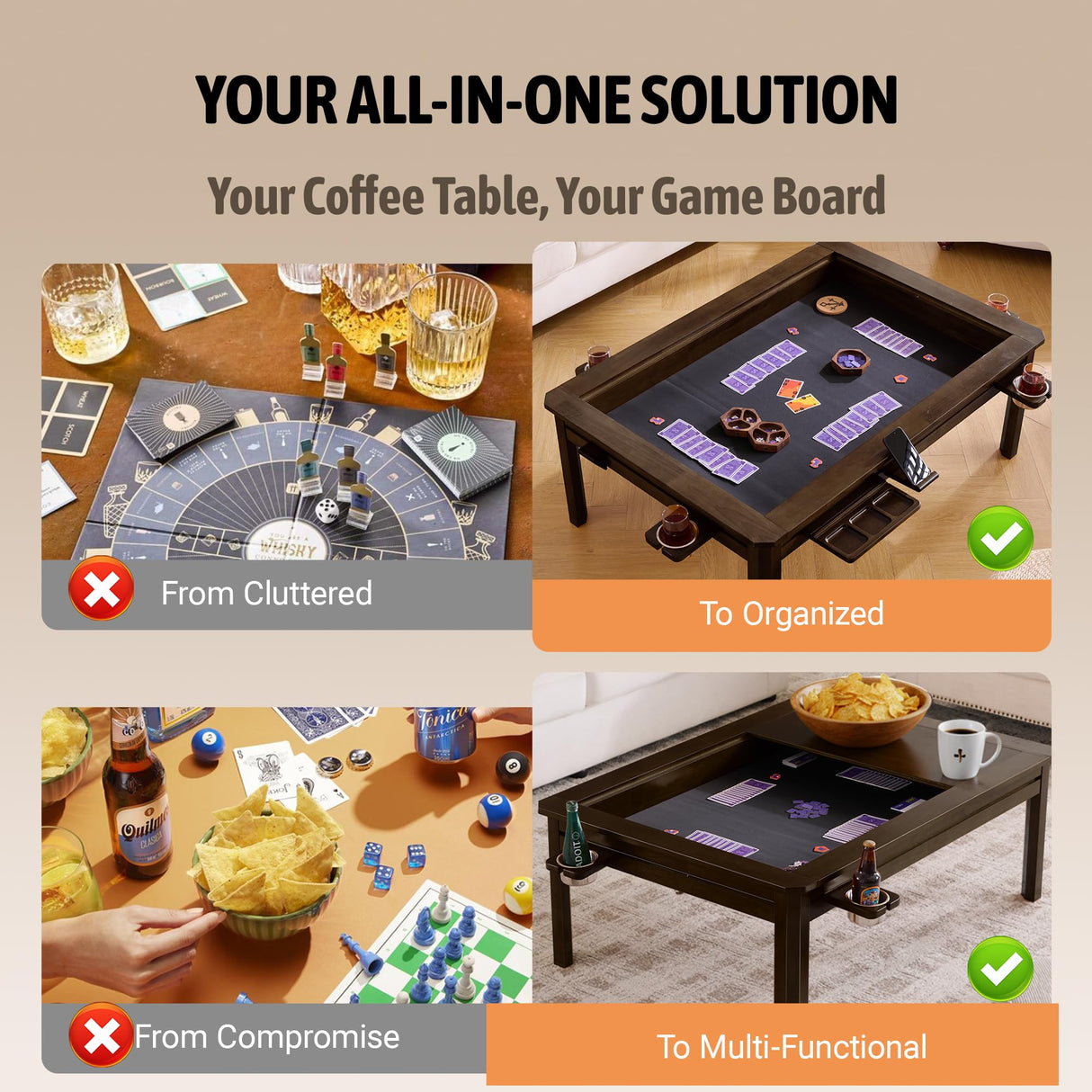 Casaphoria Solid Wood Board Game Coffee Table with Removable Top, Space-Saving 3-in-1 Convertible for Gaming, Dining & Living Room Includes Play Mat & Cup Holders (48” x 33”, Black Walnut) Casaphoria