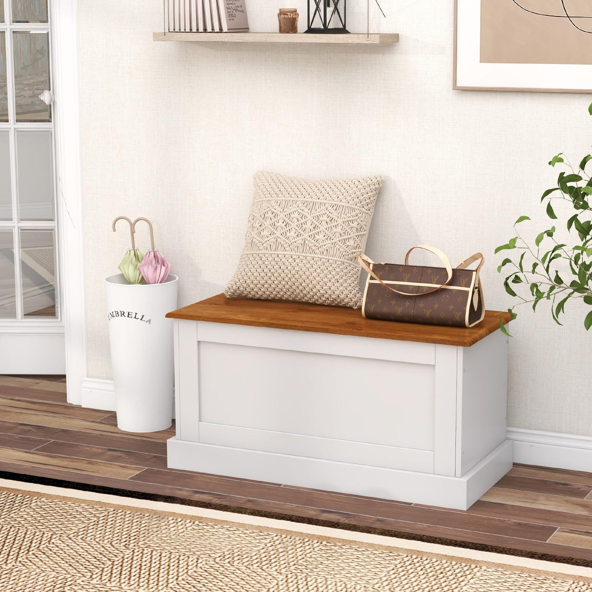 LOKO 35.5” Storage Bench, Lift Top Storage Box with Metal Hinges, Entryway Storage Chest with Safety Hydraulic Strut, Large Farmhouse Storage Trunk for Living Room, Bedroom, White and Natural LOKO