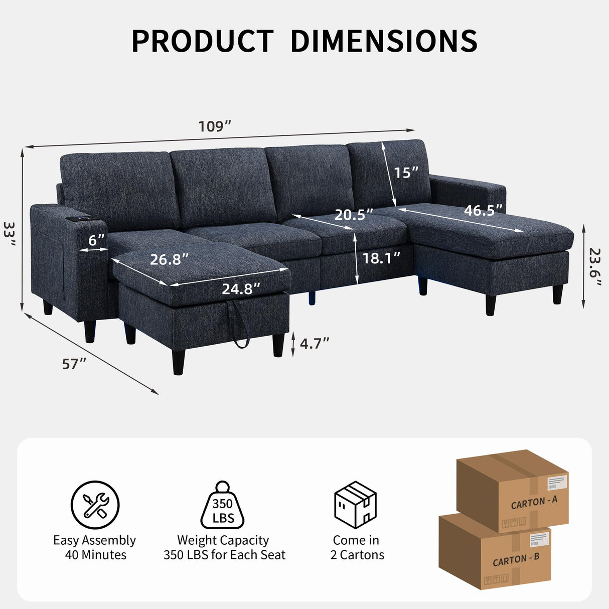 Sectional Couches for Living Room, 6 Seat Sectional Sofa Couch with Smart Module-Wireless Charging/USB/Type-C/RGB Light, U Shaped Thick Linen Modular Couch with Chaise Lounge/Storage Ottoman (Blue) NicoHali