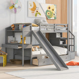 Harper & Bright Designs Twin Over Twin Bunk Bed with Stairs, Slide, Desk, Solid Wood Bunk Bed with Storage Drawers and Shelves, for Kids Teens Adults (Gray) Harper & Bright Designs