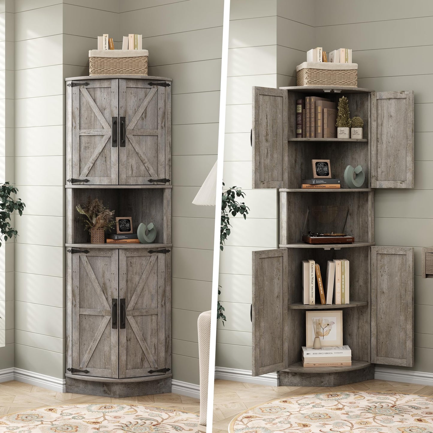 Vabches 64.8" Tall Farmhouse Corner Cabinet with 4 Doors and 5 Storage Shelves, Farmhouse Storage Cabinet with Barn Door Design, Home Space Saver for Living Room, Kitchen, Laundry Room,Grey