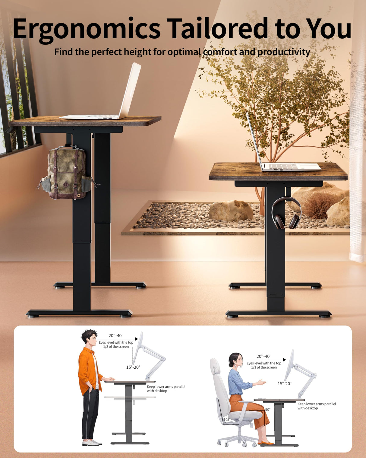 Standing Desk Electric Adjustable Computer Desk-Stand up Desk Office Gaming Home Office Memory Desks 48x24 inches Black Frame/Rustic Brown Top BIZUM