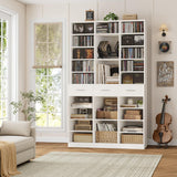 HOSTACK 75" Tall Book Shelf and Bookcase, 47" Wide Bookshelf with Drawers, Modern 9 Tier Bookcase with Storage, Large Wood Display Cabinet with Adjustable Shelves for Living Room, Home Office, White HOSTACK