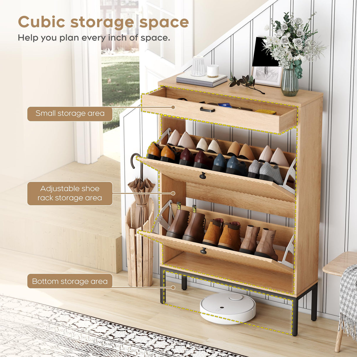 Brafab Shoe Storage Cabinet with 2 Flip Drawers&1 Small Drawer, Slim Entryway Shoe Organizer with Fluted Panel Doors for Sneakers,Light Beige Brafab