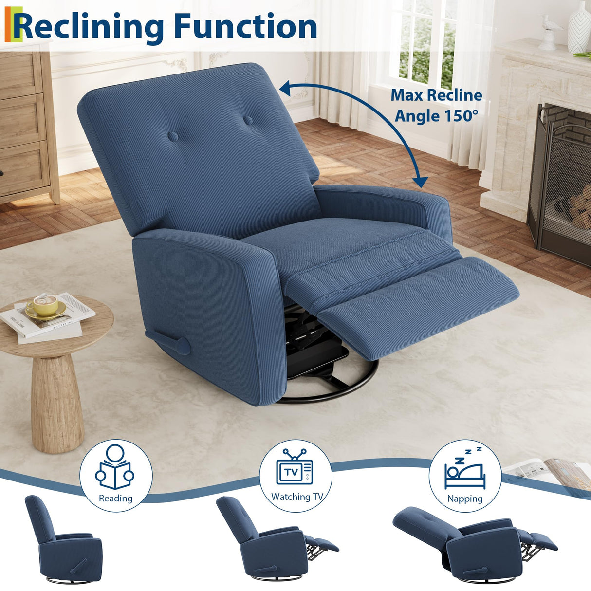 Nursery Recliner Chair, 360° Swivel Rocking Glider Chair for Adults with Adjustable Backrest & Footrest, Upholstered Armchair for Living Rooms, Bedrooms, Apartments, Blue Garvee
