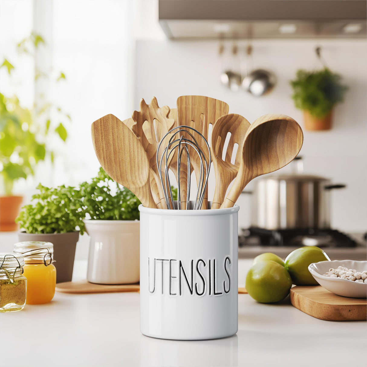 Barnyard Designs Ceramic Farmhouse Kitchen Utensil Holder for Countertop, Decorative Kitchen Utensil Holder, Large Kitchen Utensil Holder for Kitchen Counter, Utensil Crock Spatula Holder, 7" (White) Barnyard Designs