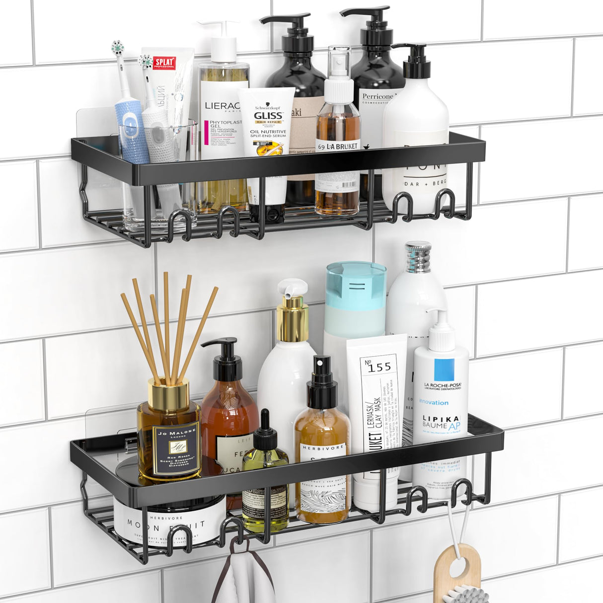 Moforoco Shower Caddy Shelf Organizer Rack, Self Adhesive Black Bathroom Shelves Basket, Home Farmhouse Wall Inside Organization and Storage Decor Rv Accessories, First Camper Apartment Essentials Moforoco