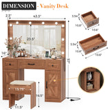 SPERTIKC Vanity Desk with Lights 3 Models Settings, Brown Vanity with Chair, Make up Vanity Desk with Mirror and Lights,Vanity with 5 Drawers for Bedroom, Dressing Room SPERTIKC
